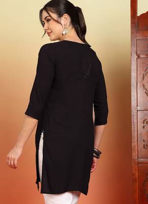 Women coffee brown ethnic motifs embroidered chikankari liva a-line short kurti 2