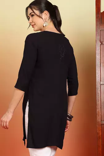 Women coffee brown ethnic motifs embroidered chikankari liva a-line short kurti