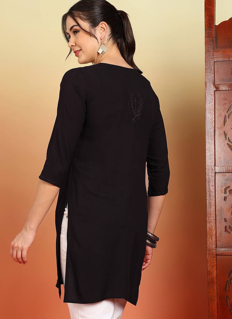 Women coffee brown ethnic motifs embroidered chikankari liva a-line short kurti