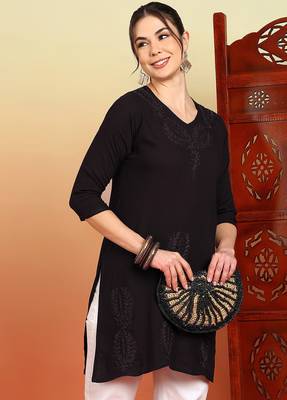 Women coffee brown ethnic motifs embroidered chikankari liva a-line short kurti 3