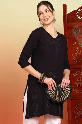 Women coffee brown ethnic motifs embroidered chikankari liva a-line short kurti