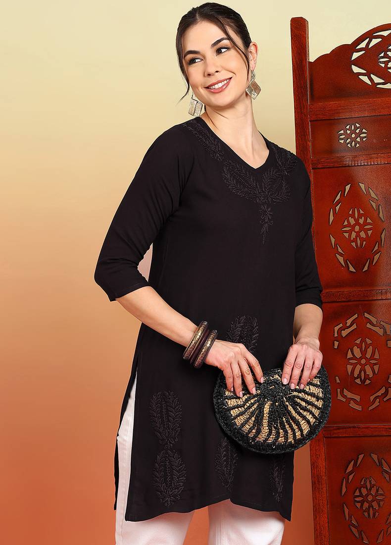 Women coffee brown ethnic motifs embroidered chikankari liva a-line short kurti