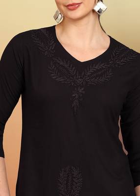 Women coffee brown ethnic motifs embroidered chikankari liva a-line short kurti 4