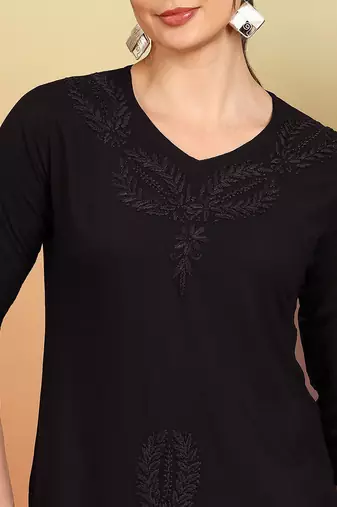 Women coffee brown ethnic motifs embroidered chikankari liva a-line short kurti
