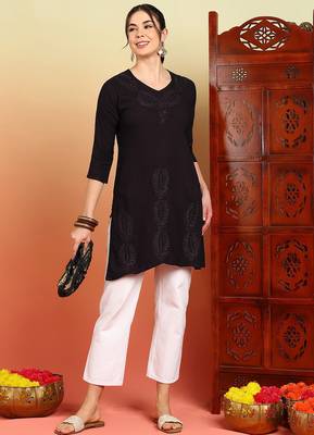 Women coffee brown ethnic motifs embroidered chikankari liva a-line short kurti 5