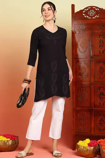 Women coffee brown ethnic motifs embroidered chikankari liva a-line short kurti