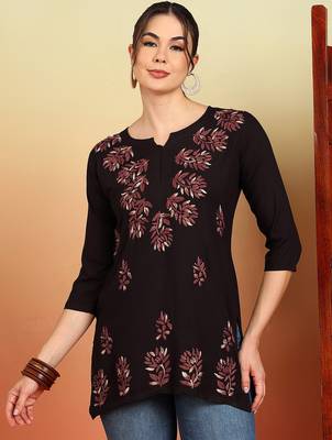 Women coffee brown lucknowi chikankari floral embroidered liva short kurtis 1
