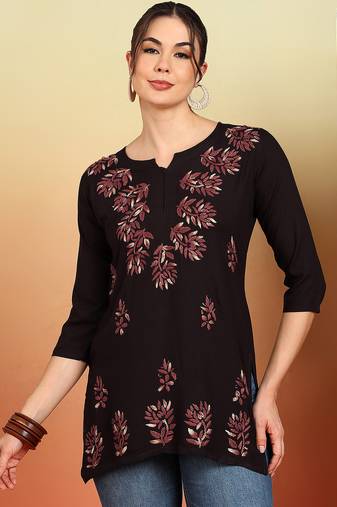 Women coffee brown lucknowi chikankari floral embroidered liva short kurtis