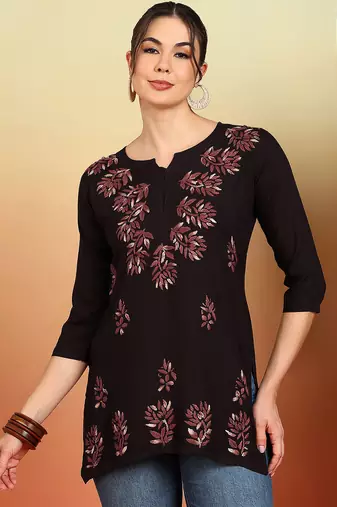 Women coffee brown lucknowi chikankari floral embroidered liva short kurtis