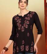 Women coffee brown lucknowi chikankari floral embroidered liva short kurtis