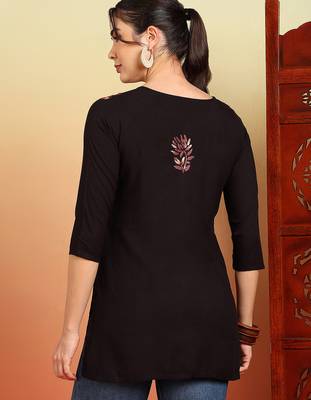 Women coffee brown lucknowi chikankari floral embroidered liva short kurtis 2