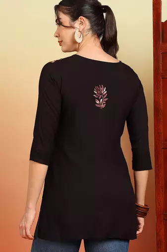 Women coffee brown lucknowi chikankari floral embroidered liva short kurtis