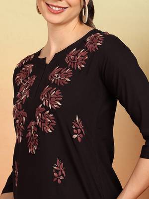 Women coffee brown lucknowi chikankari floral embroidered liva short kurtis 3