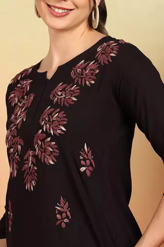 Women coffee brown lucknowi chikankari floral embroidered liva short kurtis