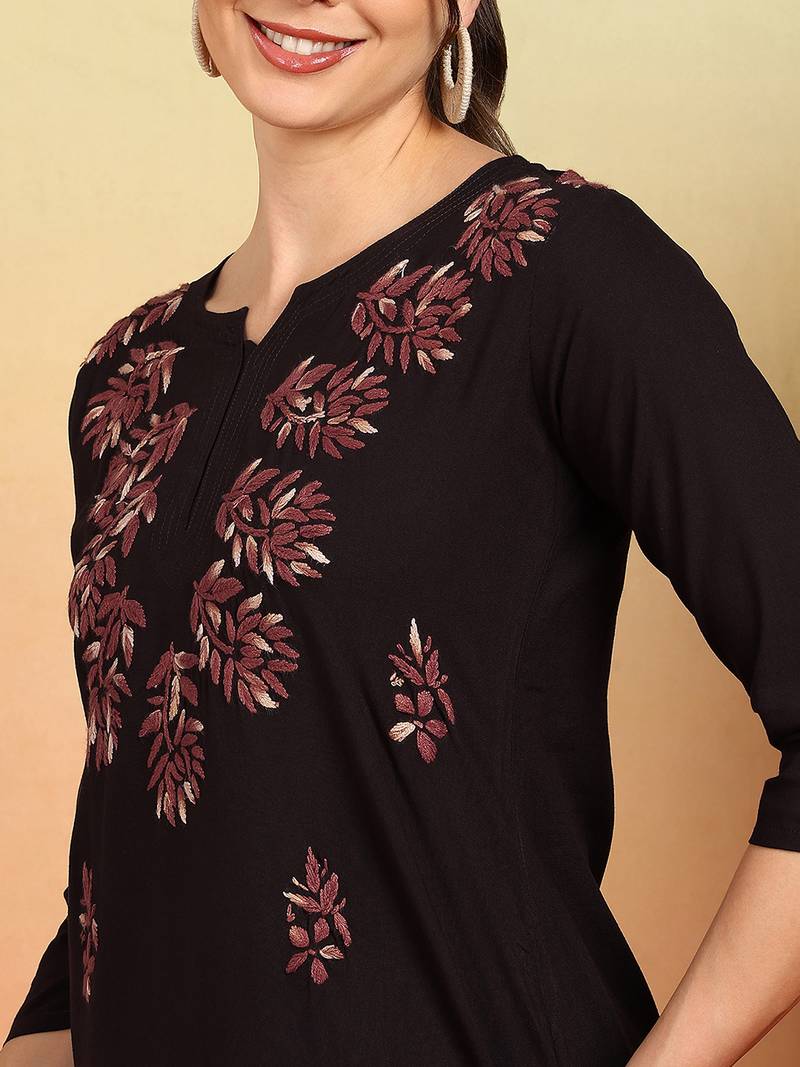 Women coffee brown lucknowi chikankari floral embroidered liva short kurtis