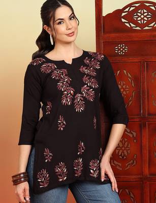 Women coffee brown lucknowi chikankari floral embroidered liva short kurtis 4