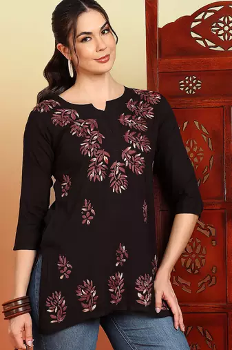 Women coffee brown lucknowi chikankari floral embroidered liva short kurtis