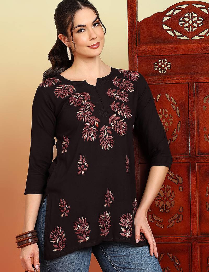 Women coffee brown lucknowi chikankari floral embroidered liva short kurtis