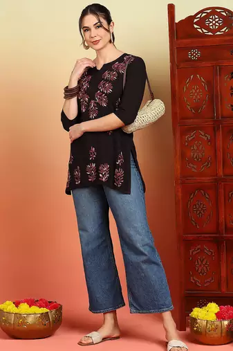 Women coffee brown lucknowi chikankari floral embroidered liva short kurtis