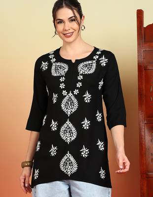 Women black lucknowi chikankari floral embroidered liva short kurtis 1