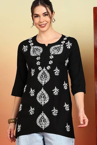 Women black lucknowi chikankari floral embroidered liva short kurtis