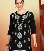 Women black lucknowi chikankari floral embroidered liva short kurtis
