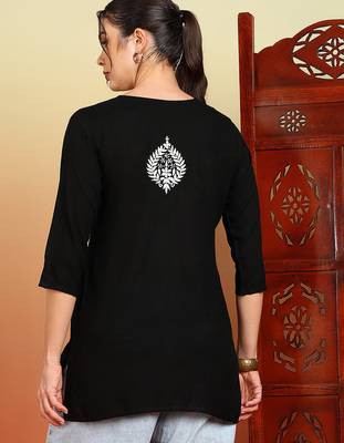 Women black lucknowi chikankari floral embroidered liva short kurtis 2
