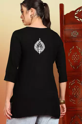 Women black lucknowi chikankari floral embroidered liva short kurtis