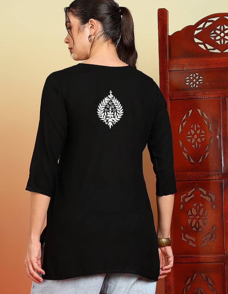 Women black lucknowi chikankari floral embroidered liva short kurtis