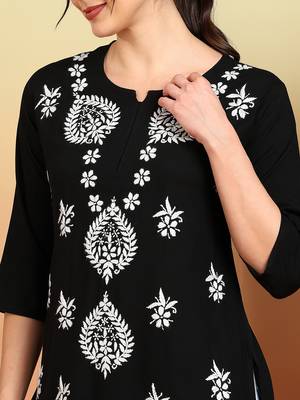 Women black lucknowi chikankari floral embroidered liva short kurtis 3