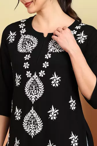 Women black lucknowi chikankari floral embroidered liva short kurtis