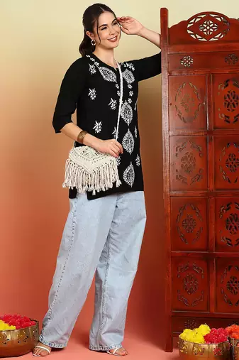 Women black lucknowi chikankari floral embroidered liva short kurtis
