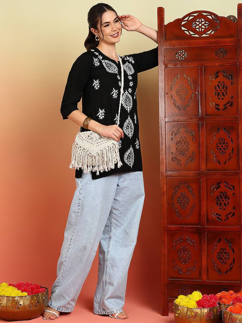 Women black lucknowi chikankari floral embroidered liva short kurtis