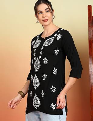 Women black lucknowi chikankari floral embroidered liva short kurtis 5