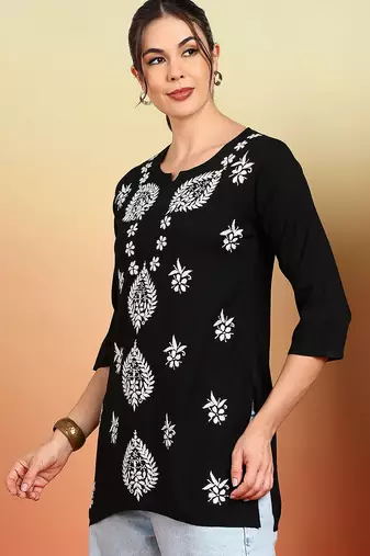 Women black lucknowi chikankari floral embroidered liva short kurtis