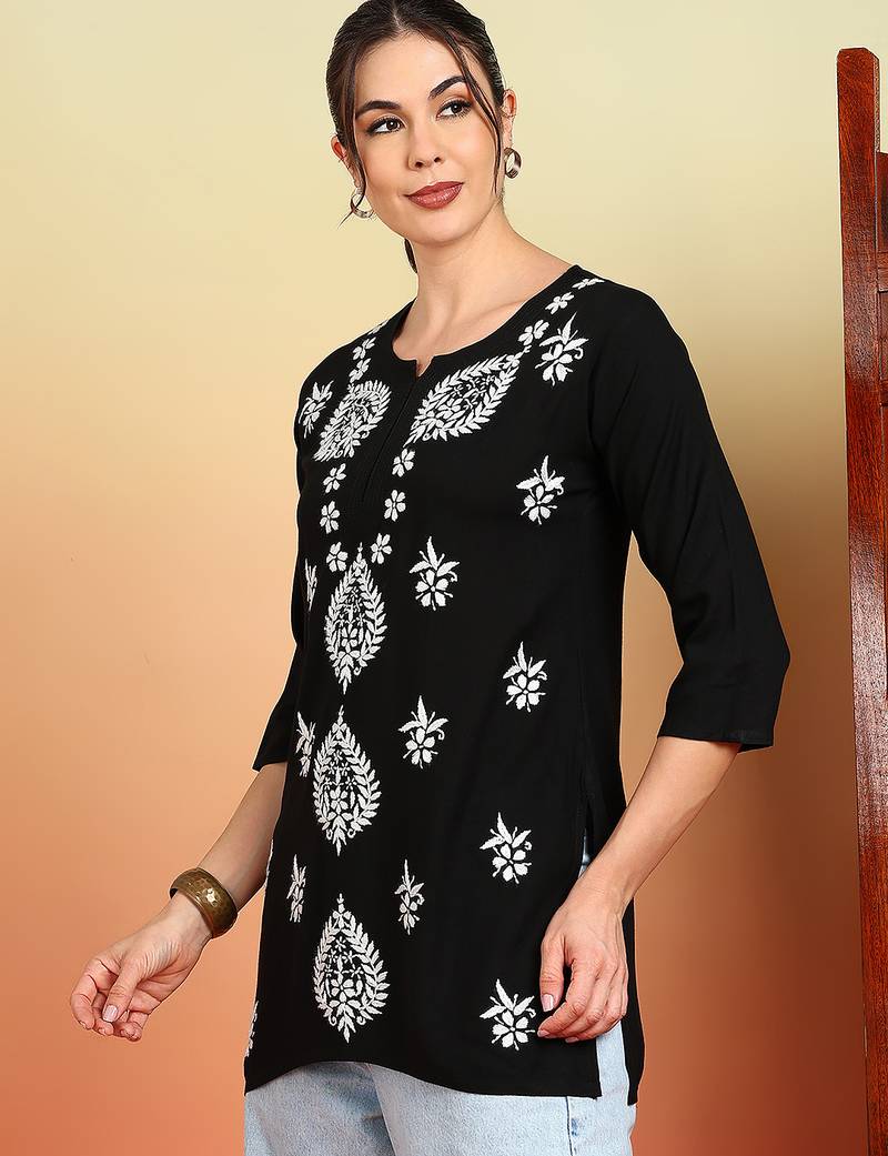 Women black lucknowi chikankari floral embroidered liva short kurtis