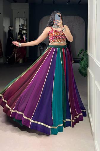 multicolor georgette plain traditional lehenga-choli with free size upto 42