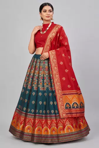 teal blue silk blend woven traditional lehenga-choli