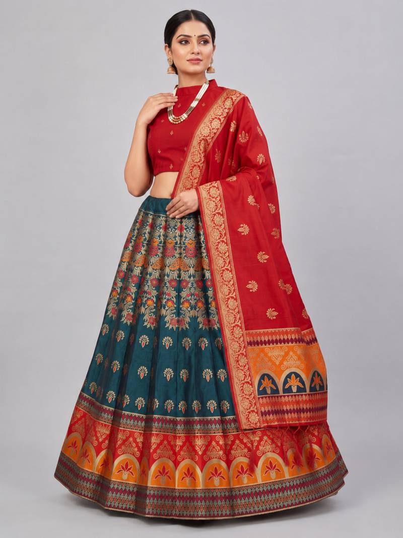 teal blue silk blend woven traditional lehenga-choli