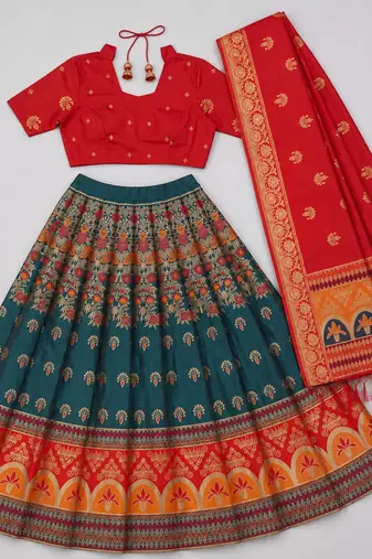 teal blue silk blend woven traditional lehenga-choli