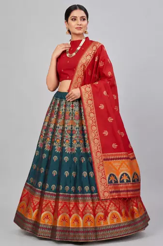 teal blue silk blend woven traditional lehenga-choli