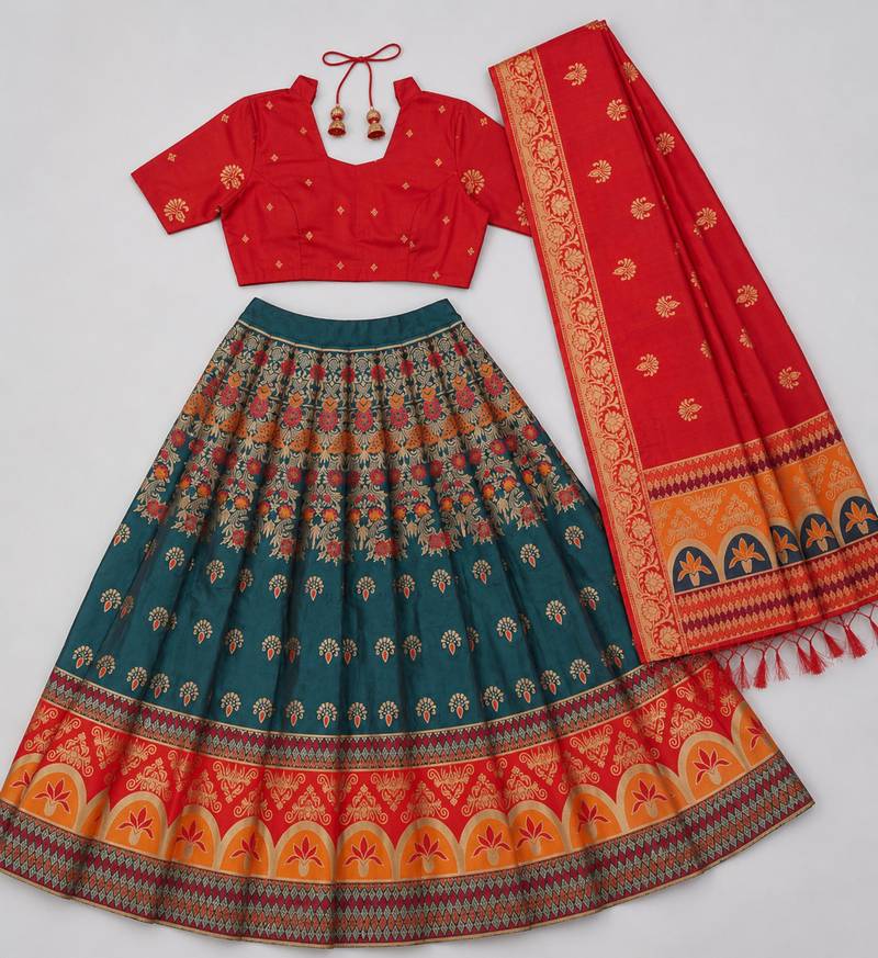 teal blue silk blend woven traditional lehenga-choli