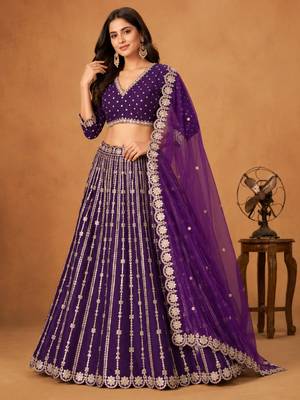purple silk blend embroidered lehenga set 4