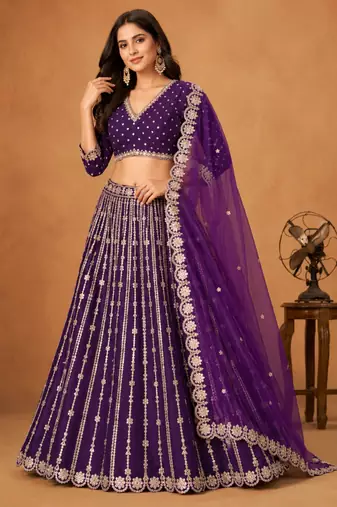 purple silk blend embroidered lehenga set