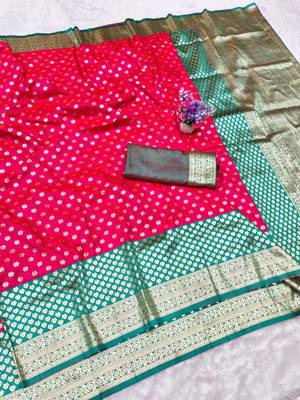 Rani pink zari woven banarasi silk traditional saree with blouse piece 1