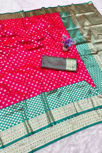 Rani pink zari woven banarasi silk traditional saree with blouse piece