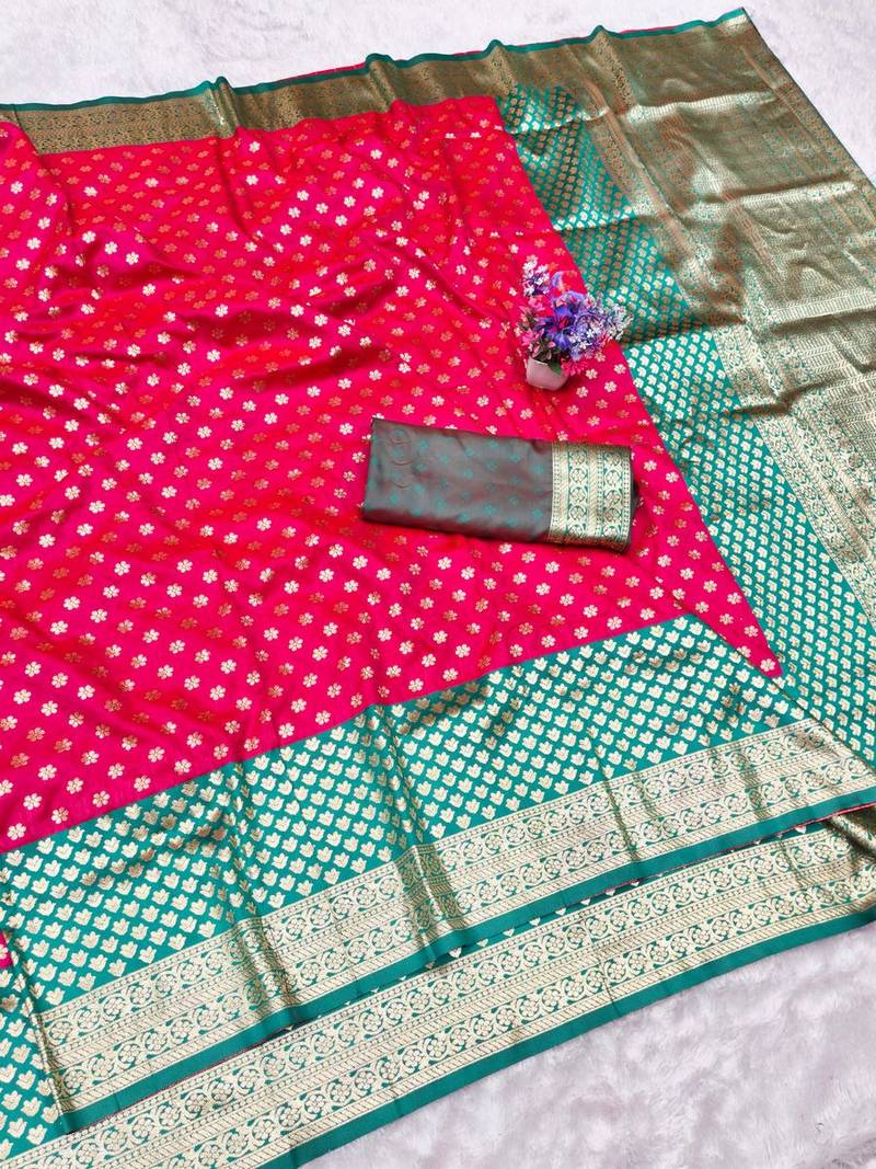 Rani pink zari woven banarasi silk traditional saree with blouse piece
