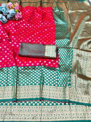 Rani pink zari woven banarasi silk traditional saree with blouse piece 2