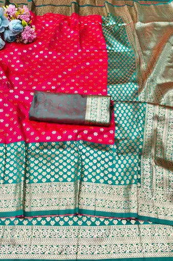 Rani pink zari woven banarasi silk traditional saree with blouse piece