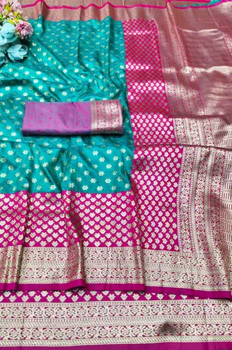Blue zari woven banarasi silk traditional saree with blouse piece